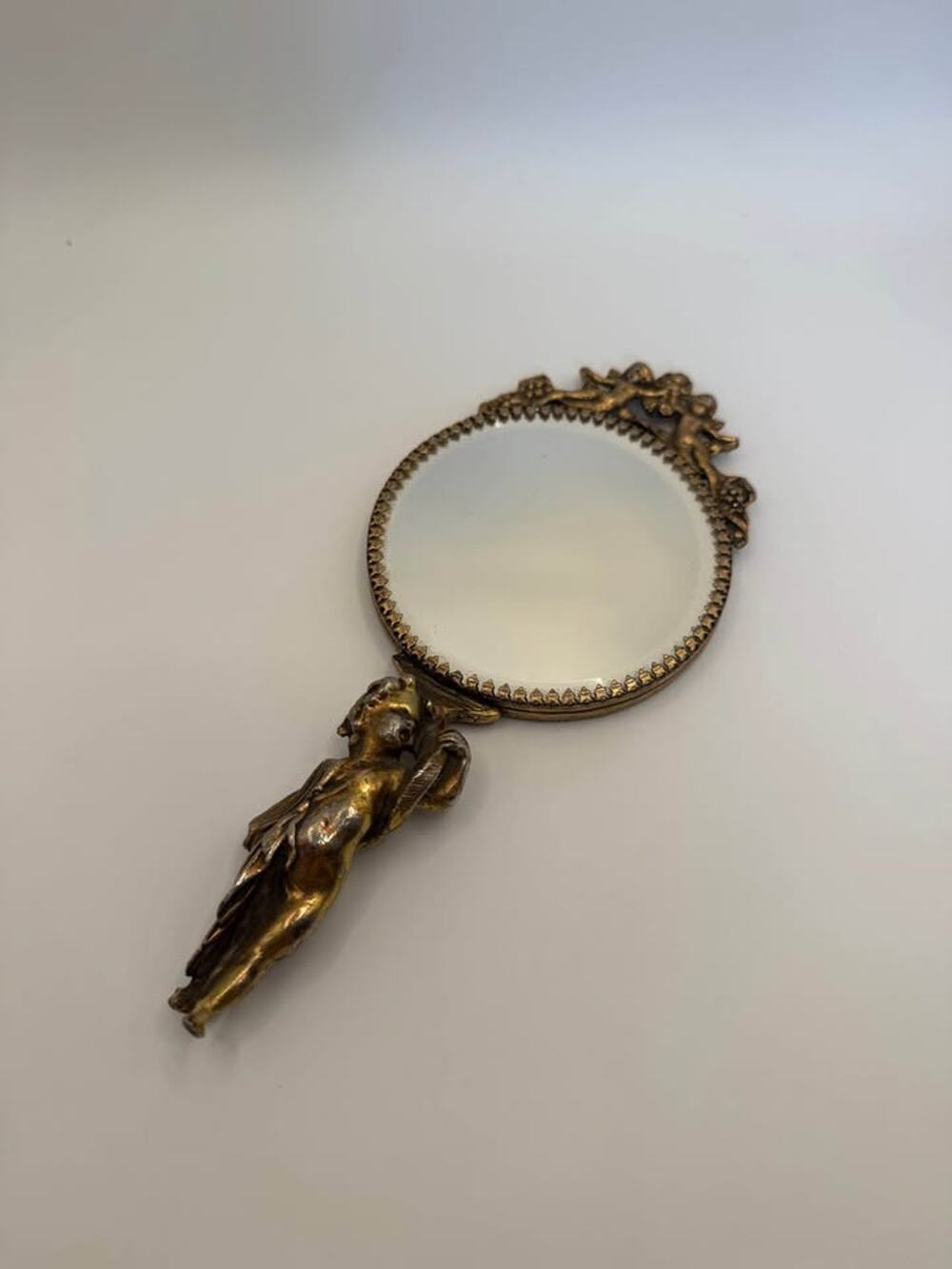 Vintage Antique (?) Brass Cherub Hand Mirror